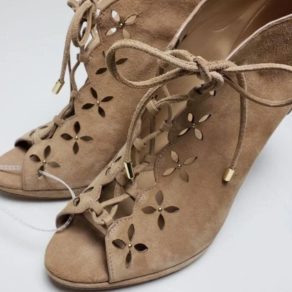 NEW Michael Kors Peep Toe Boots Women 10 Beige Suede Designer Chic Fairy